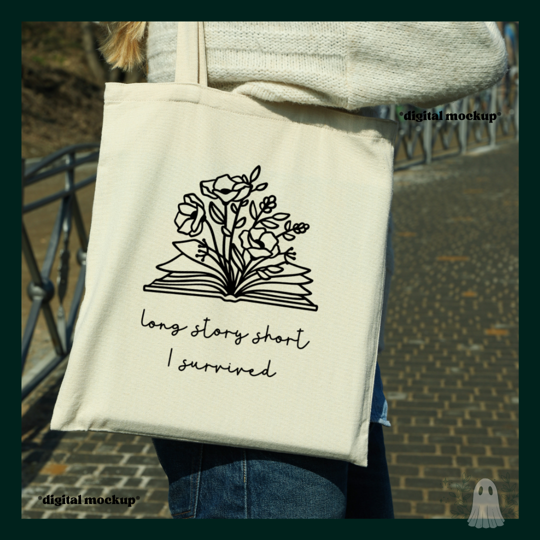 A mock up of the long story short tote bag