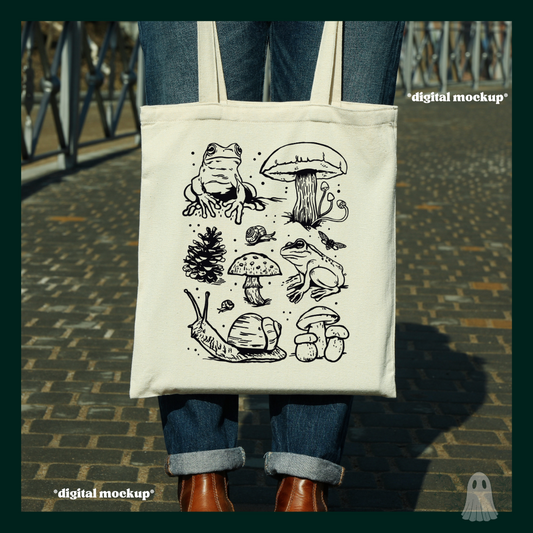A digital mock up of the Cottagecore Critters Tote Bag