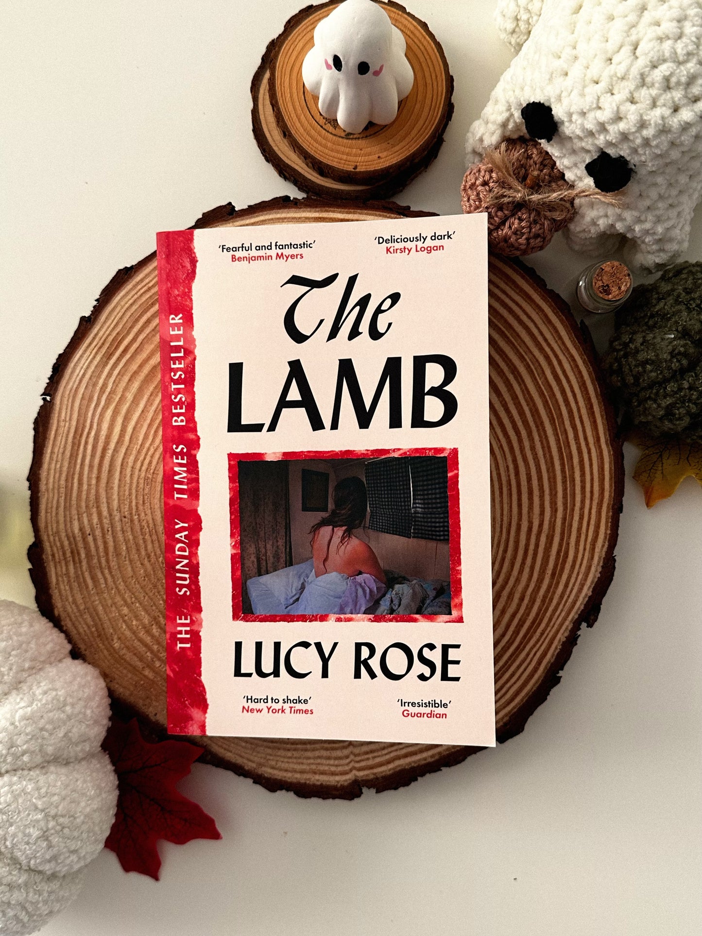 Book titled 'The Lamb' by Lucy Rose on a wooden surface with decorative Halloween items.
