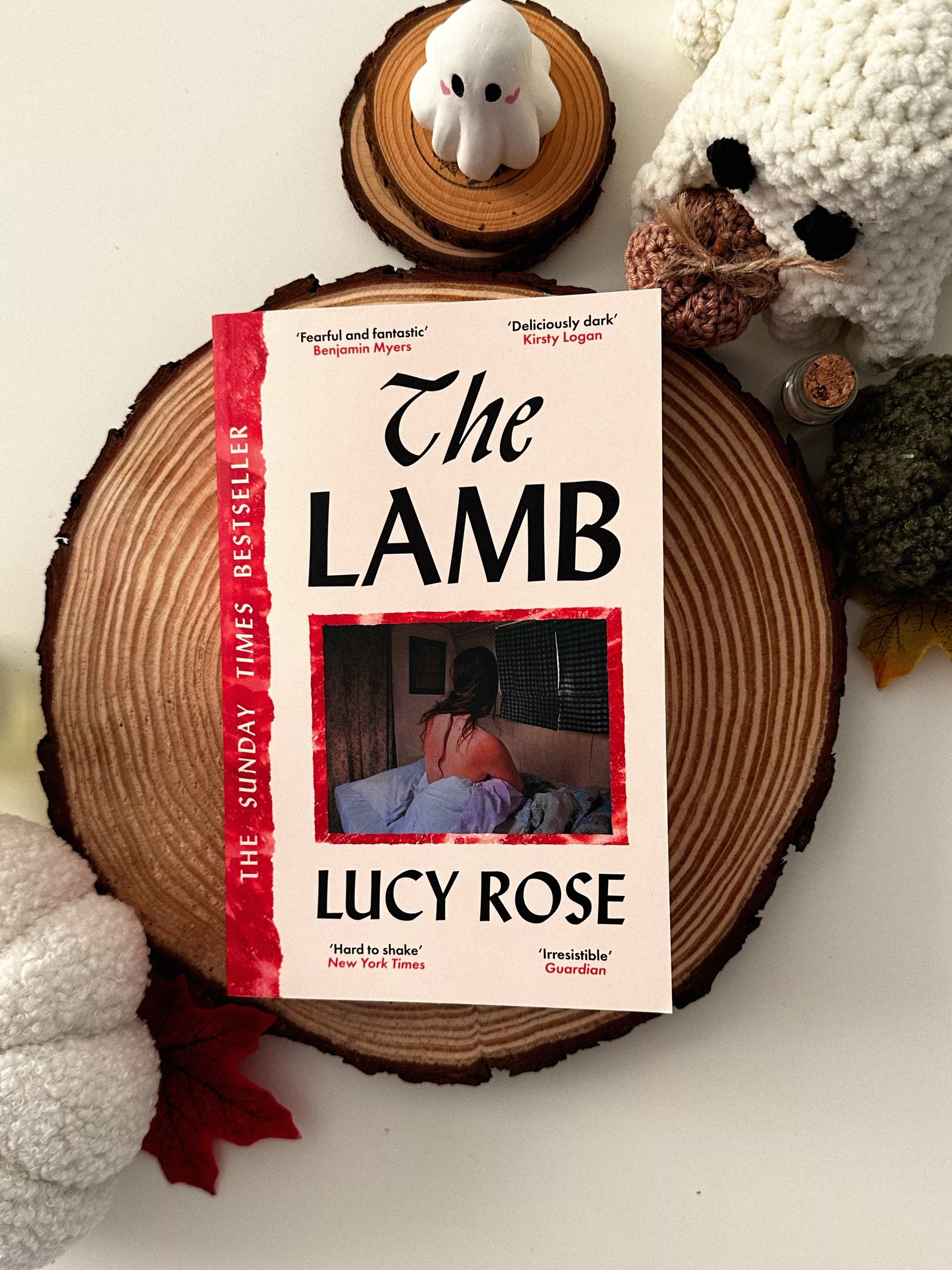 Book titled 'The Lamb' by Lucy Rose on a wooden surface with decorative Halloween items.